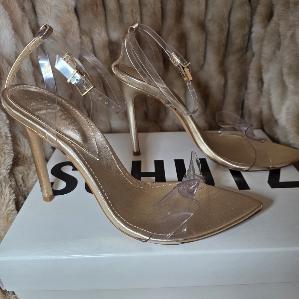 ✨ NIB Schutz Elyda Metallic Gold Clear Strap Heels – Size 8 ✨